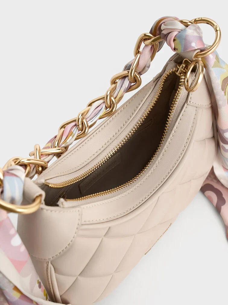 CHARLES & KEITH Mini Alcott Scarf Handle Quilted Bag - Oat