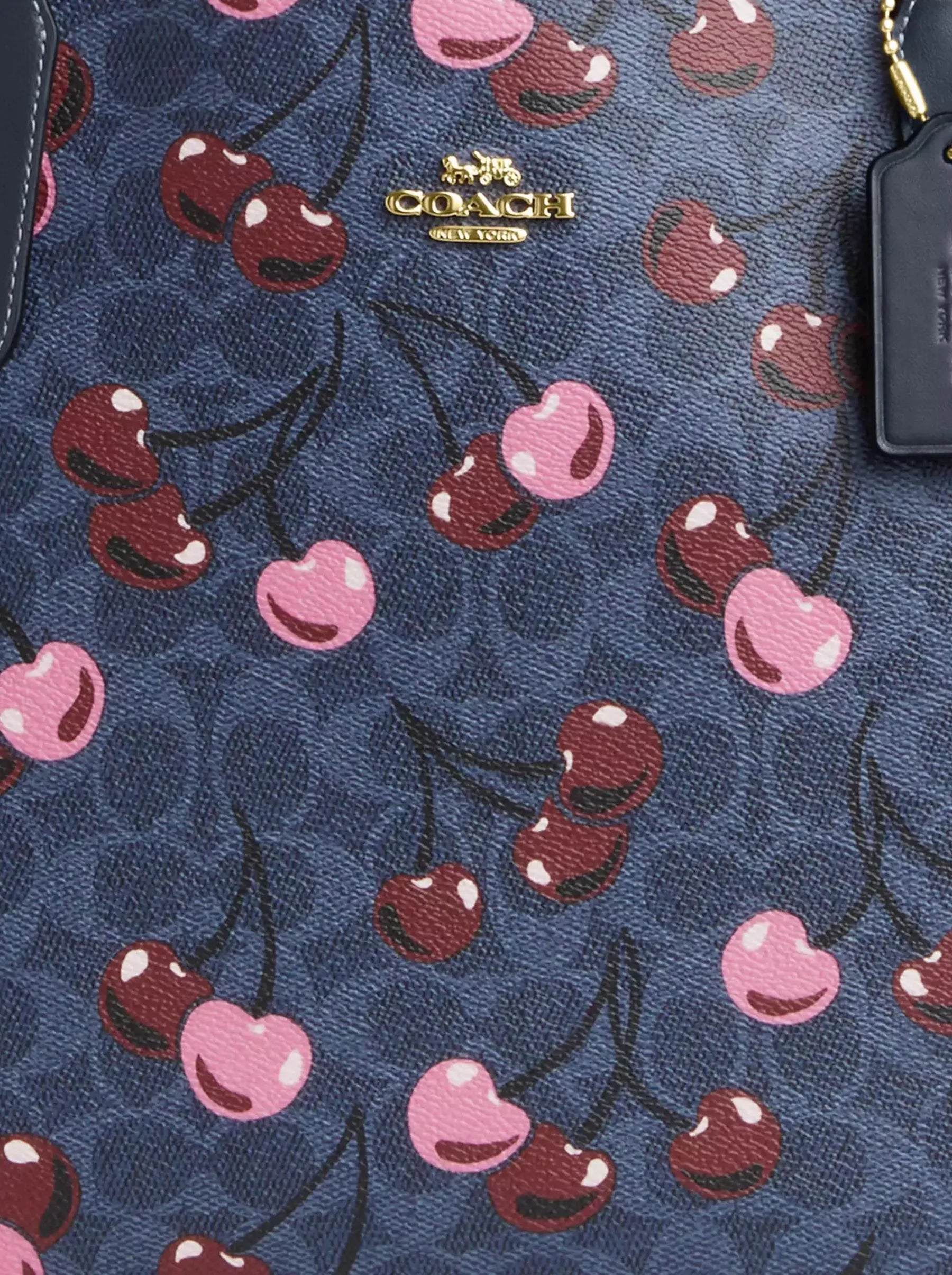 Coach City Tote Bag - Signature Blue Canvas with Cherry Print