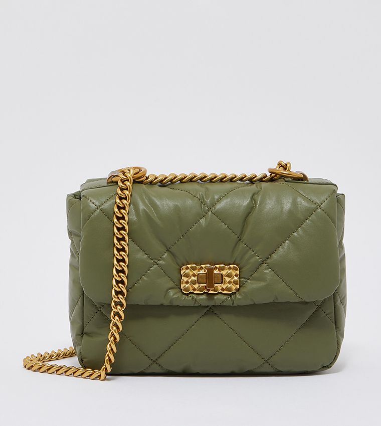 Charles and Keith Puffy Metallic Turn-Lock Crossbody Bag - Olive Green