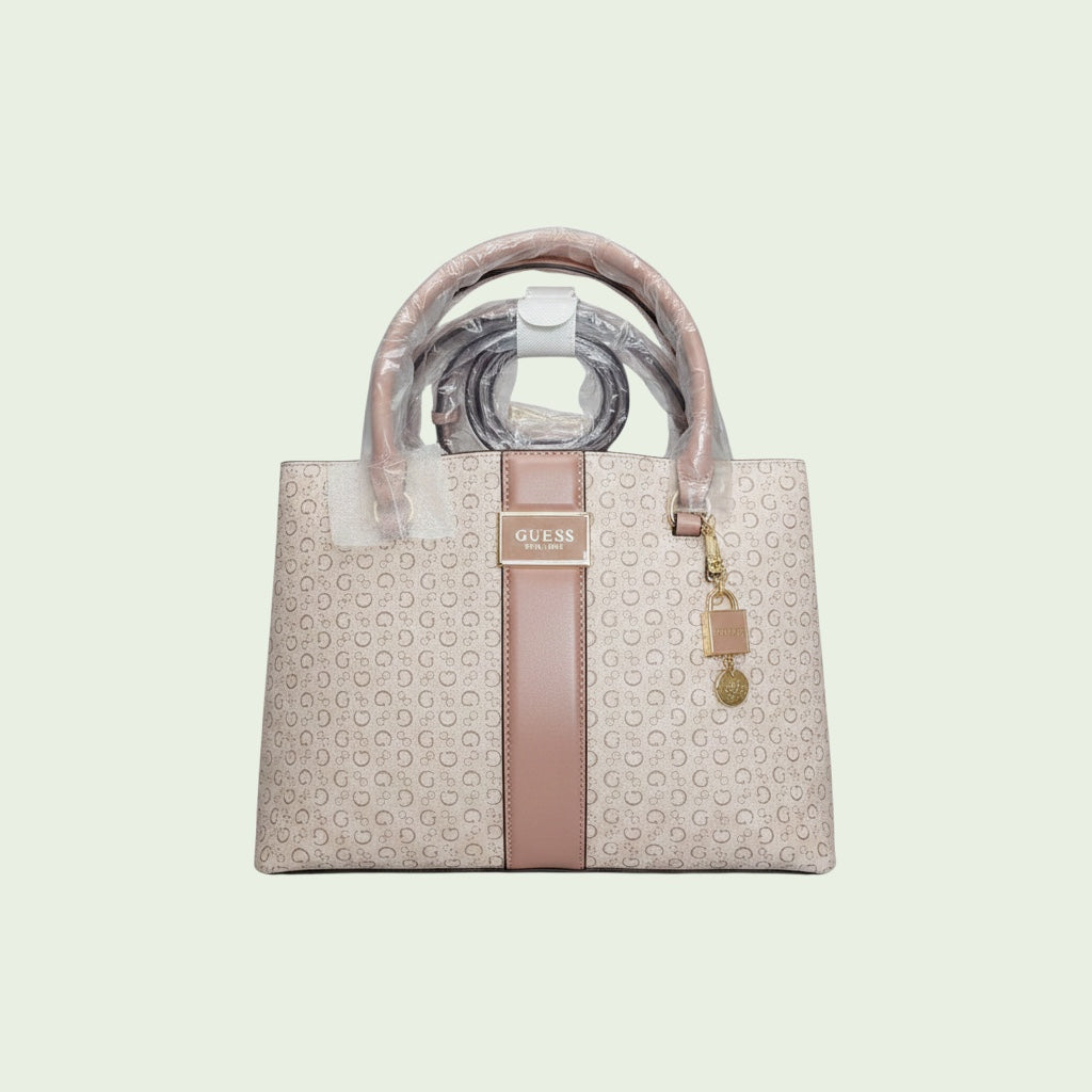 Guess Medium Monogram Satchel - Pink and White