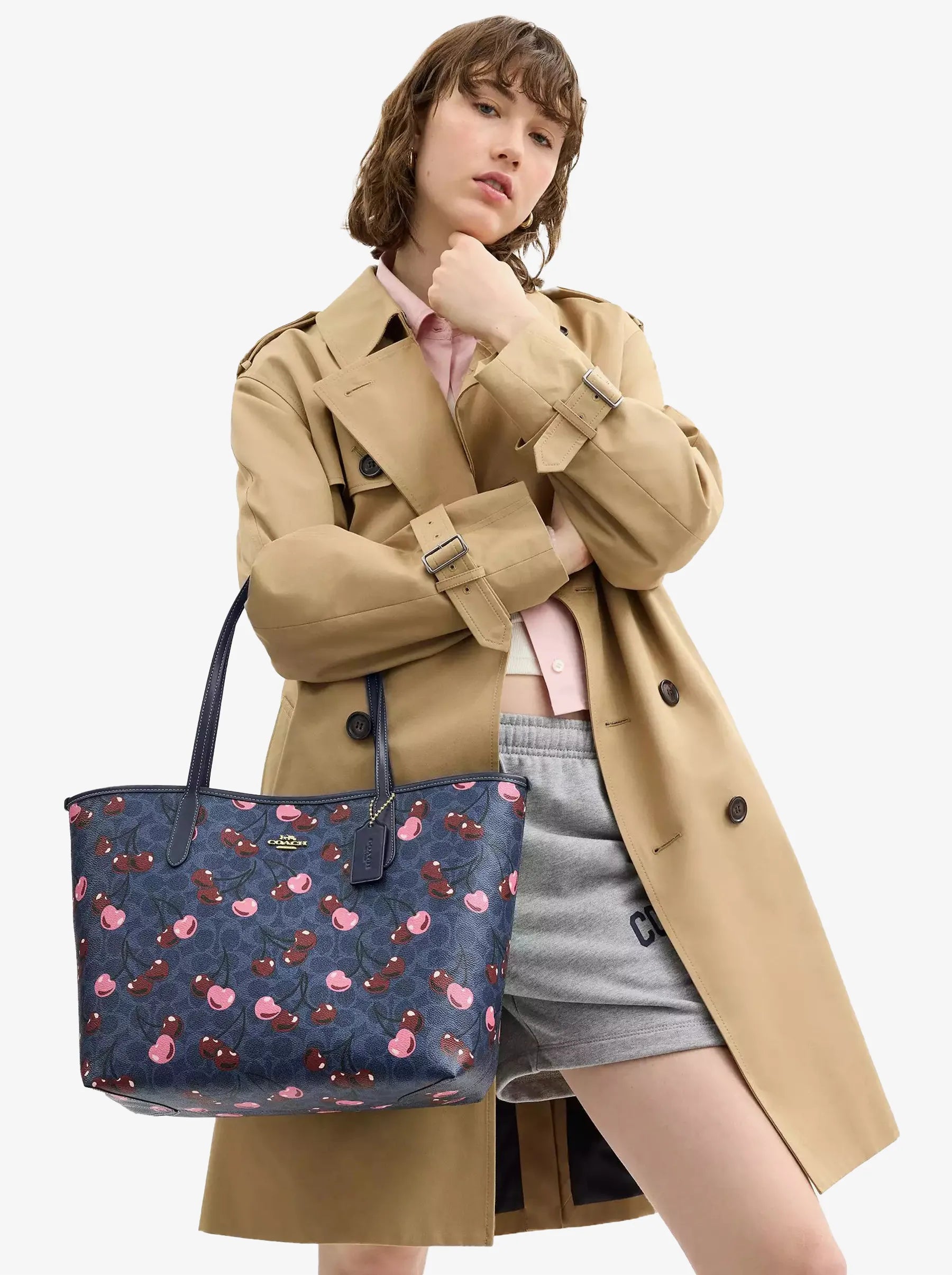 Coach City Tote Bag - Signature Blue Canvas with Cherry Print