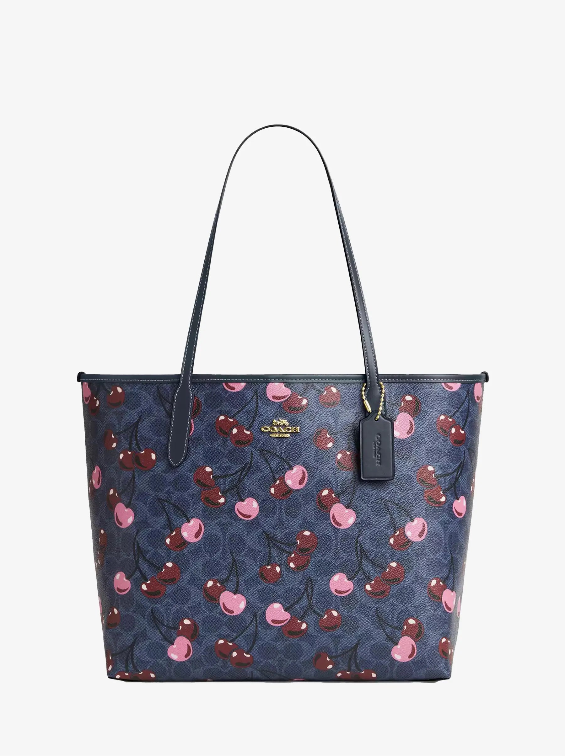 Coach City Tote Bag - Signature Blue Canvas with Cherry Print