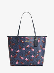 Coach City Tote Bag - Signature Blue Canvas with Cherry Print