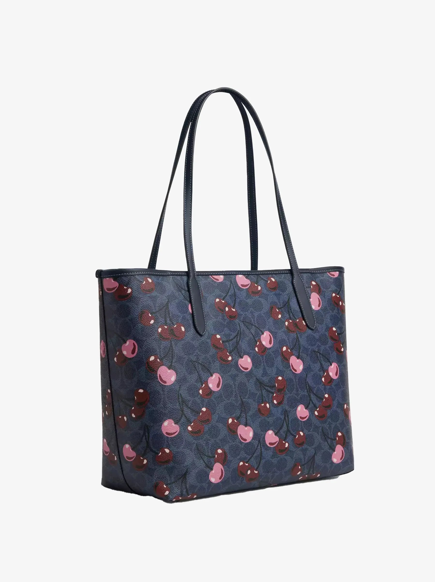 Coach City Tote Bag - Signature Blue Canvas with Cherry Print